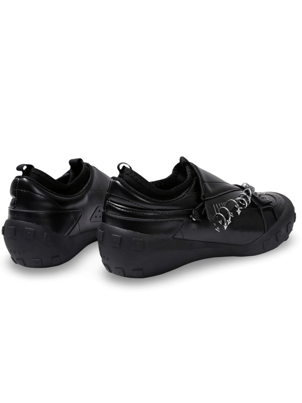 Women's Black Gothic Slip-On Shoes with Skull Accents black platform loafers with metal rings and chunky lug soles