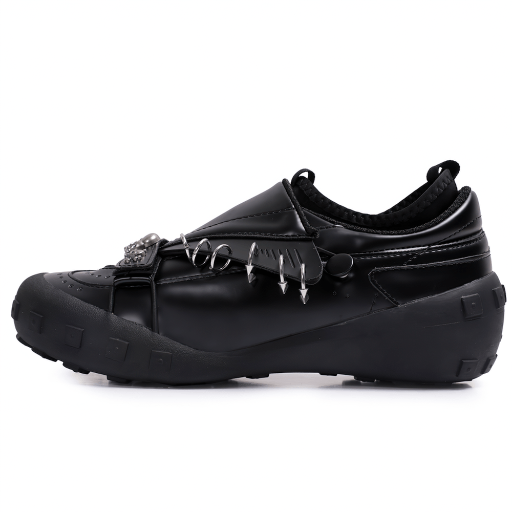 Women's Black Gothic Slip-On Shoes with Skull Accents black platform loafer with metal ring piercing