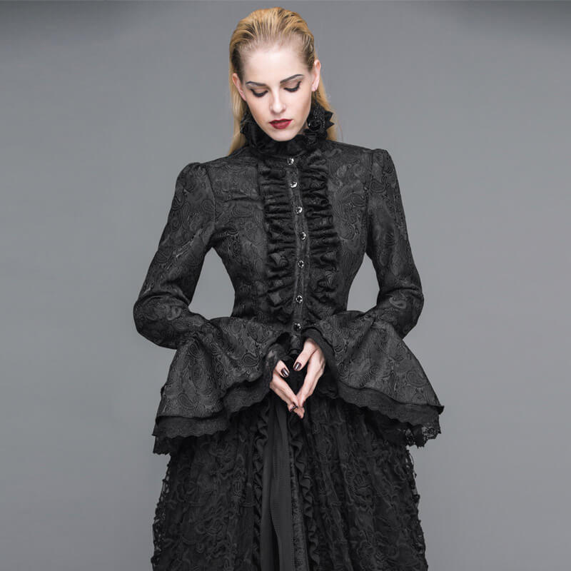 Elegant women's black high collar shirt with ruffles and flared sleeves in gothic style.