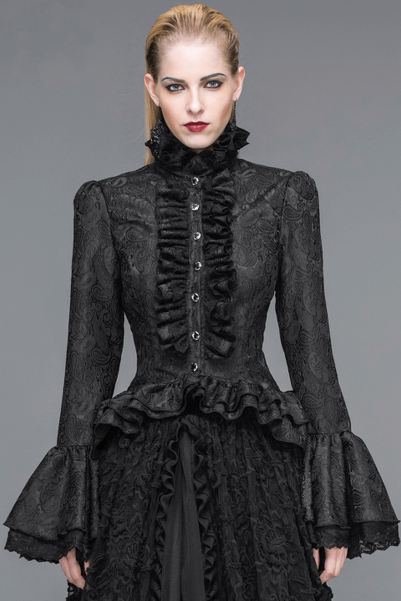 Elegant women's black gothic high collar shirt with ruffles and long flared sleeves, perfect for a vintage wardrobe.