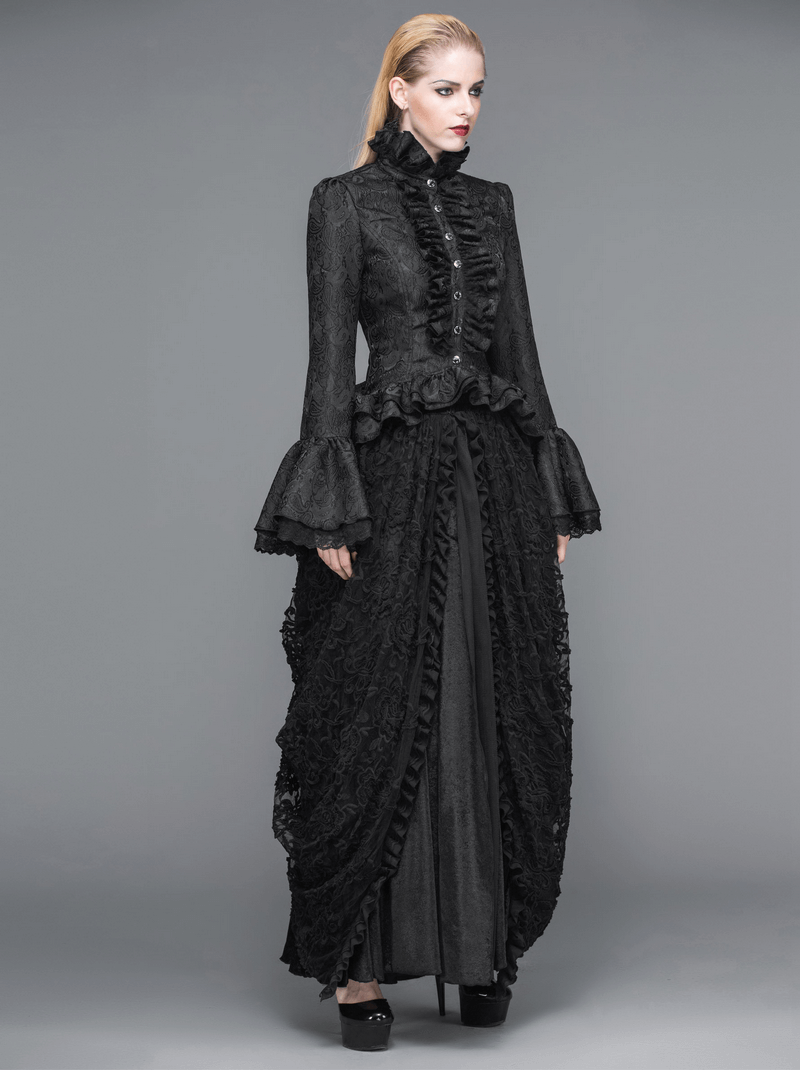 Gothic women's black high collar shirt with ruffles and flared sleeves, elegant vintage design for a chic wardrobe.
