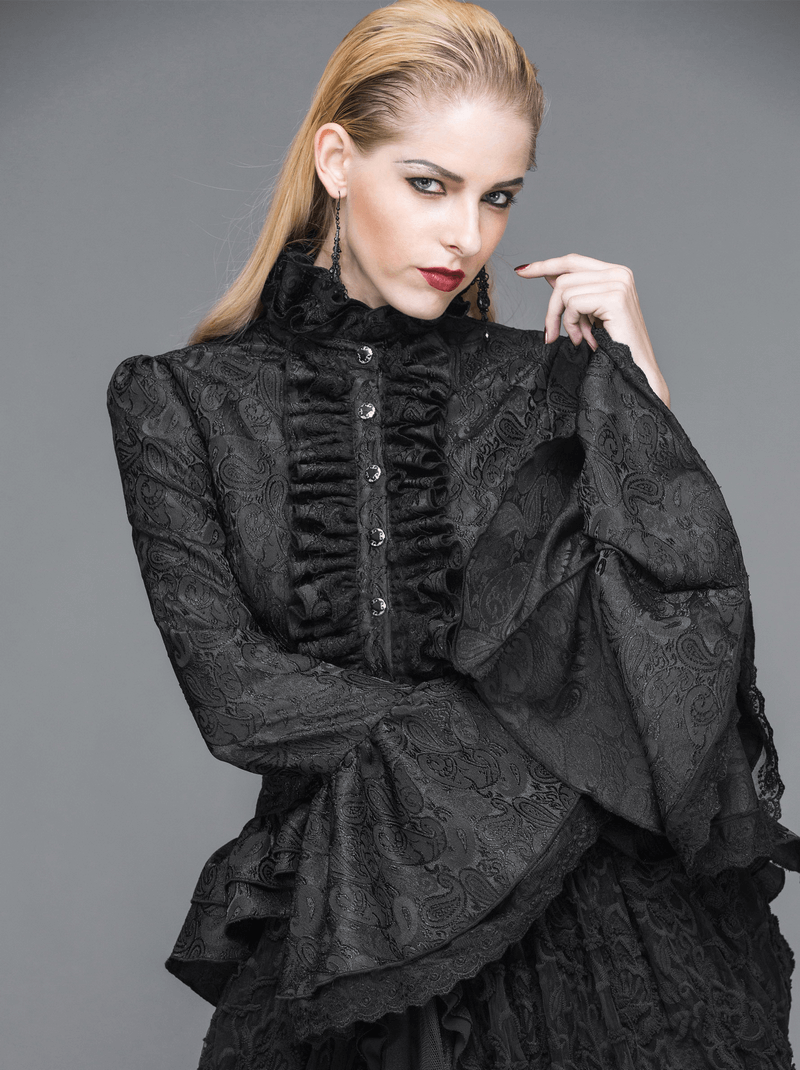 Women's gothic black high collar shirt with ruffles and flared sleeves, showcasing an elegant vintage style.