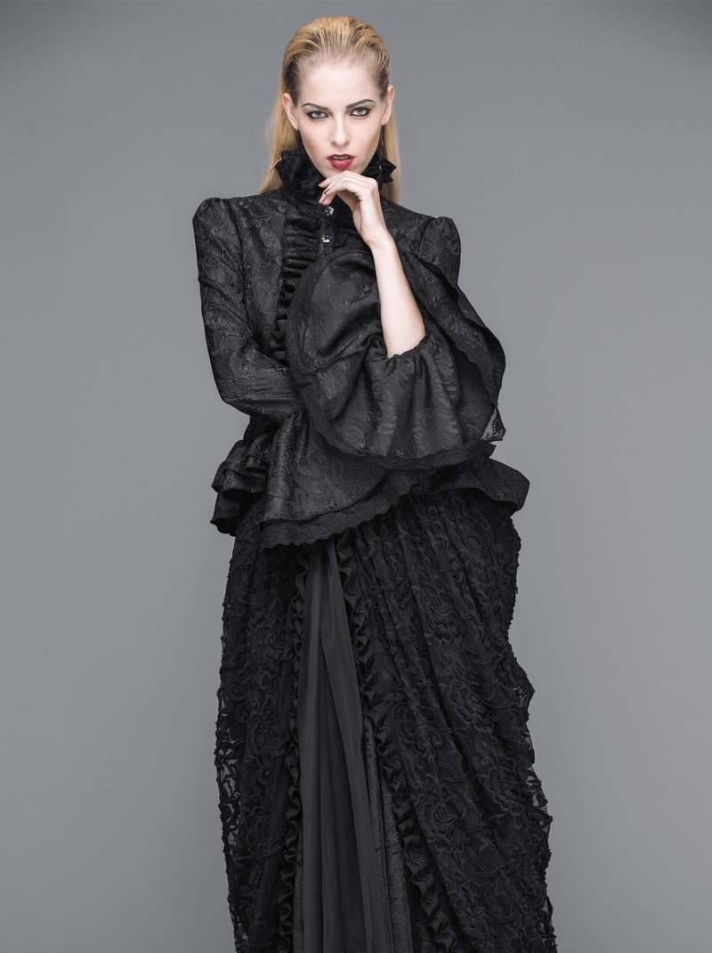 Elegant women's black high collar shirt with ruffles and flared sleeves in gothic style.