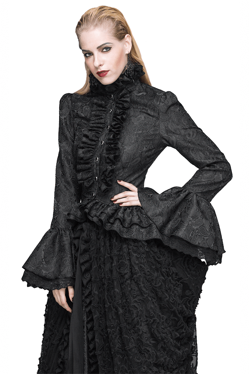 Women's vintage gothic black high collar shirt with ruffles and flared sleeves, elegant retro fashion.