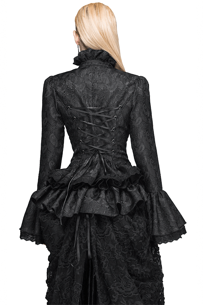 Women's Black High Collar Shirt With Ruffles / Ladies Long Flared Sleeves Blouse in Gothic style - HARD'N'HEAVY