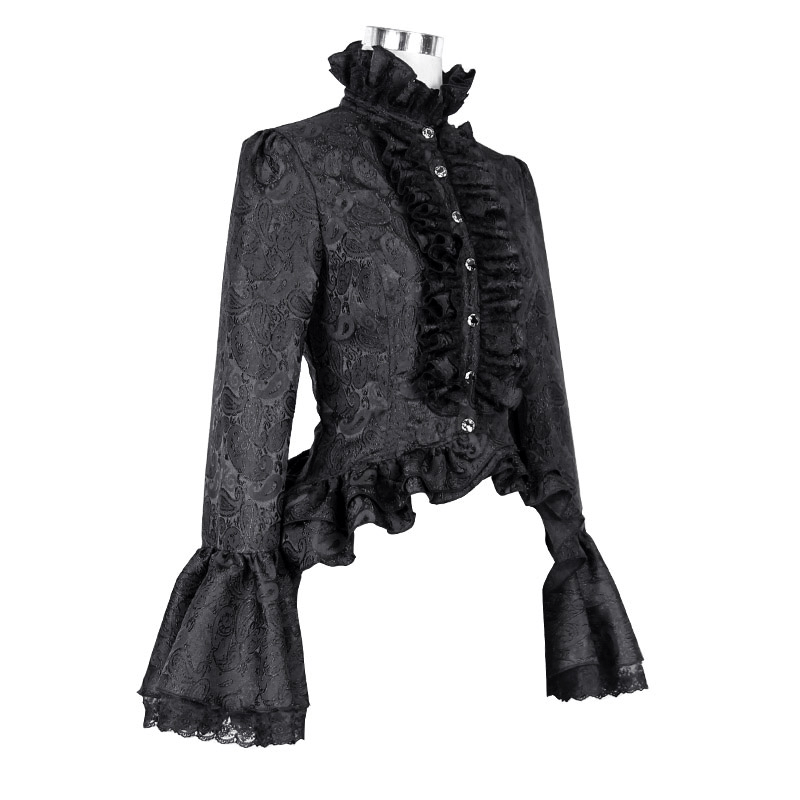 Women's black vintage gothic shirt with high collar, ruffles, and flared sleeves.
