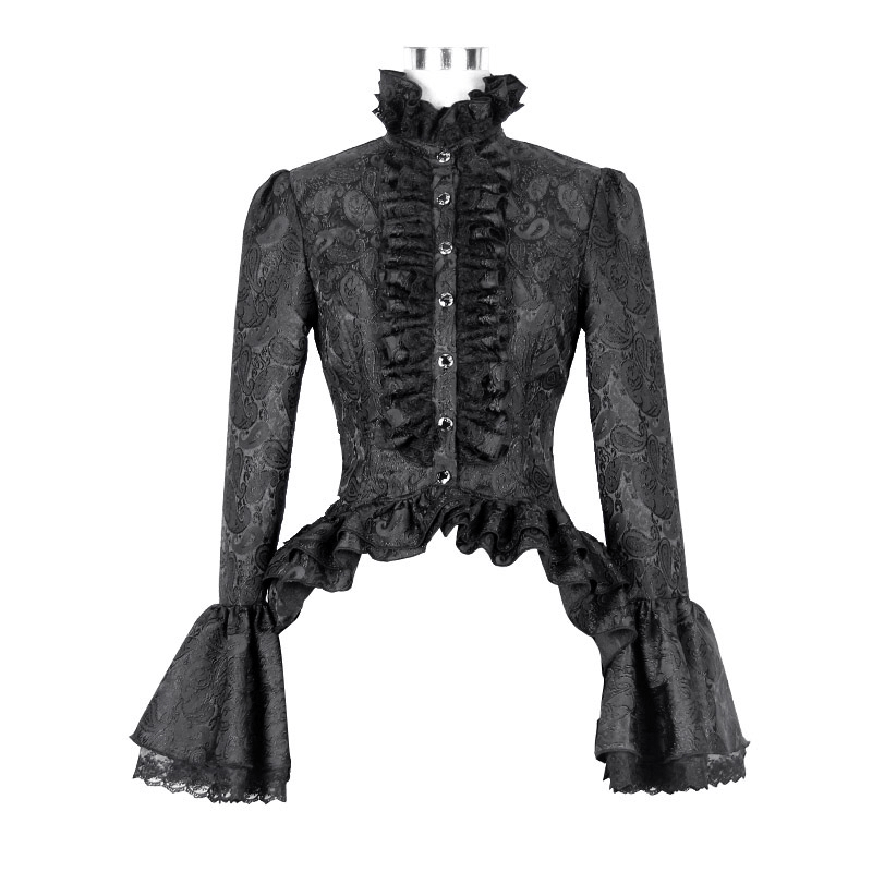 Women's black gothic high collar shirt with ruffles and flared sleeves, perfect for vintage-style wardrobes.