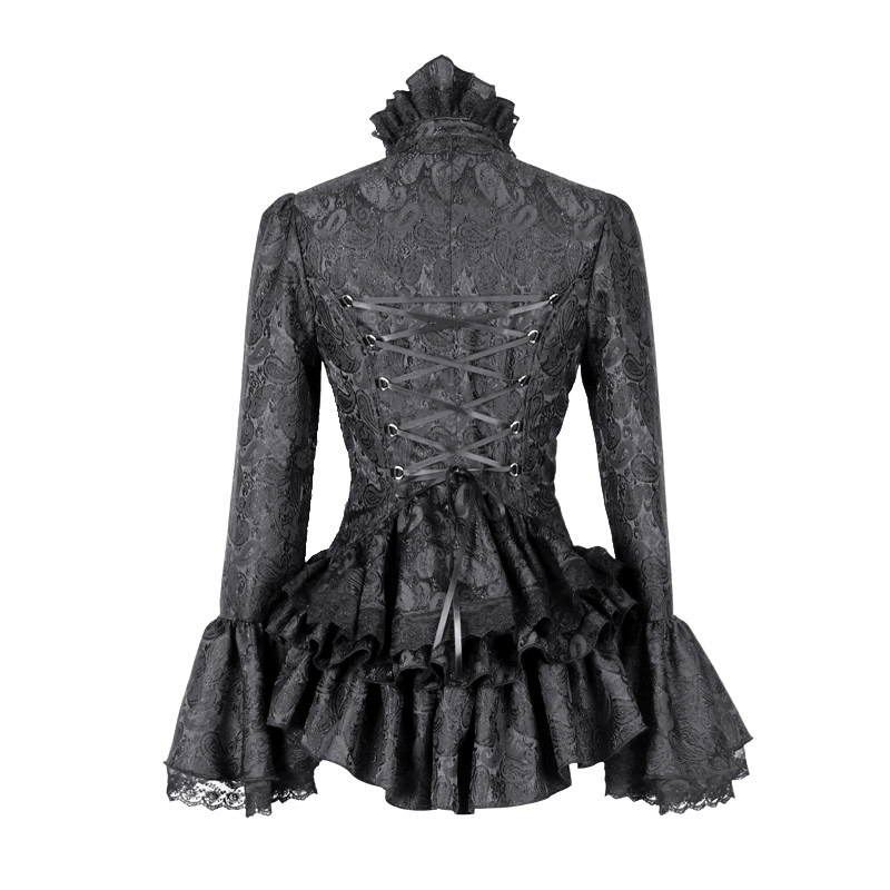 Women's black gothic high collar shirt with ruffles, lace-up back, and long flared sleeves, perfect for vintage styles.