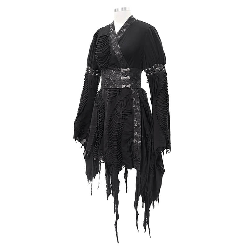 Women's Black Kimono Short Dress with Girdle / Unique Ripped Dress With Long Wide Lacings Sleeves - HARD'N'HEAVY