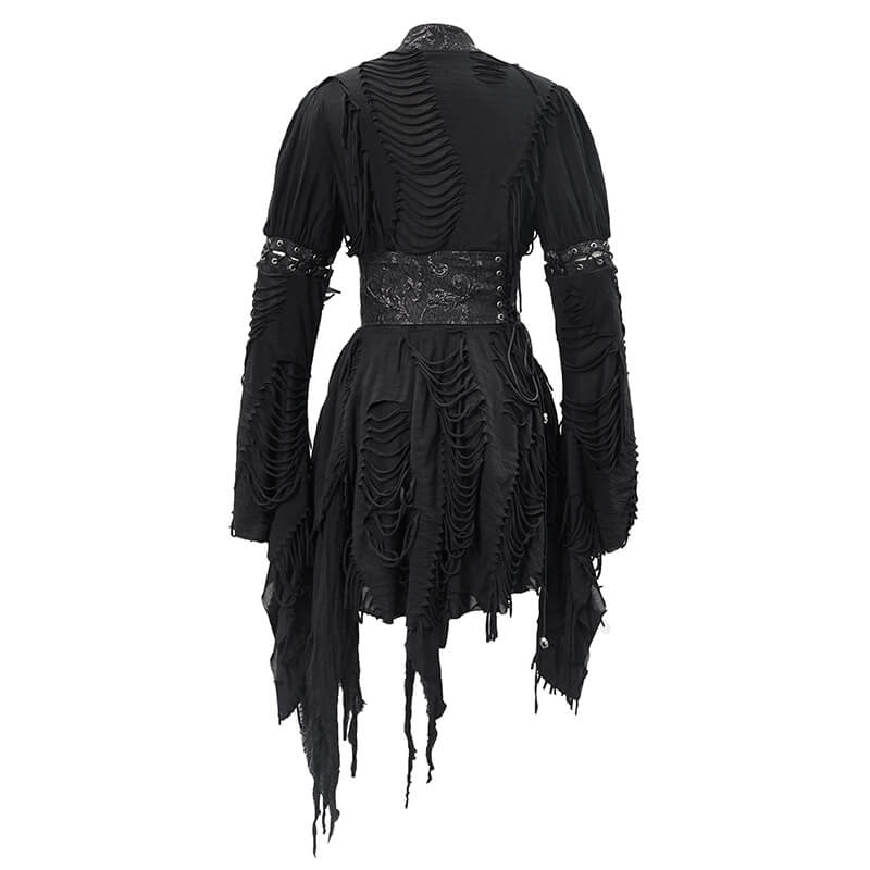 Back view of a women's black kimono short dress featuring ripped details and long wide sleeves in gothic style.