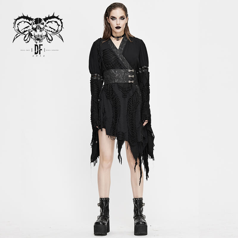 Women's black kimono short dress with a girdle and unique ripped details in gothic style.
