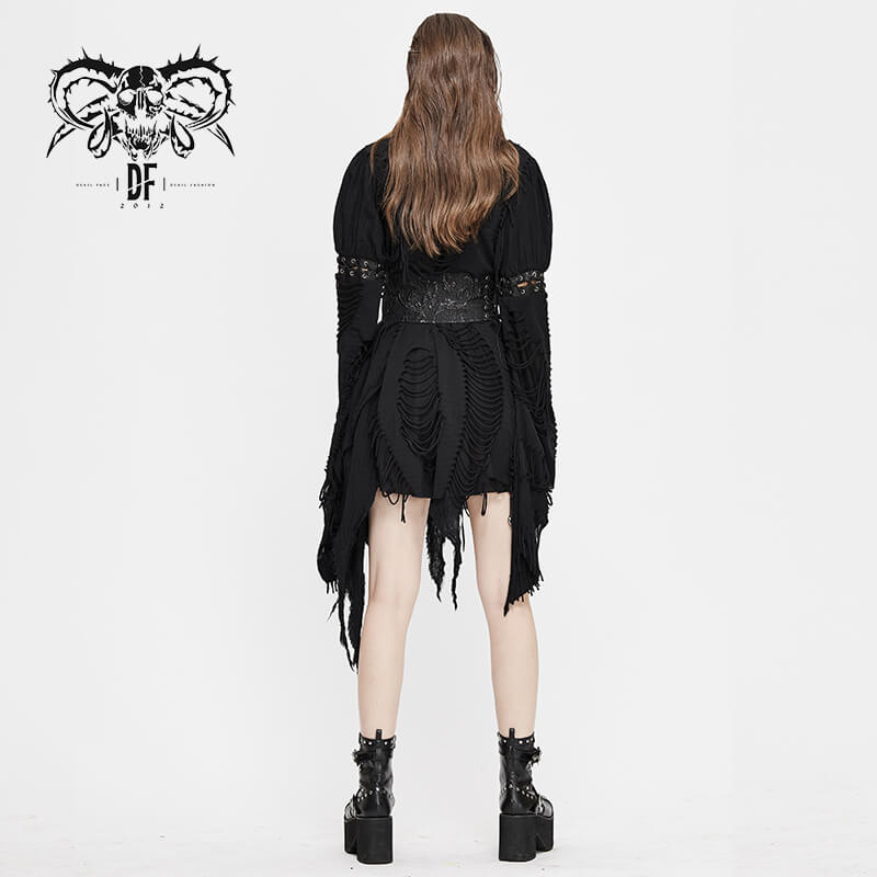 Back view of a women's black gothic kimono dress with ripped details and wide lacing sleeves.