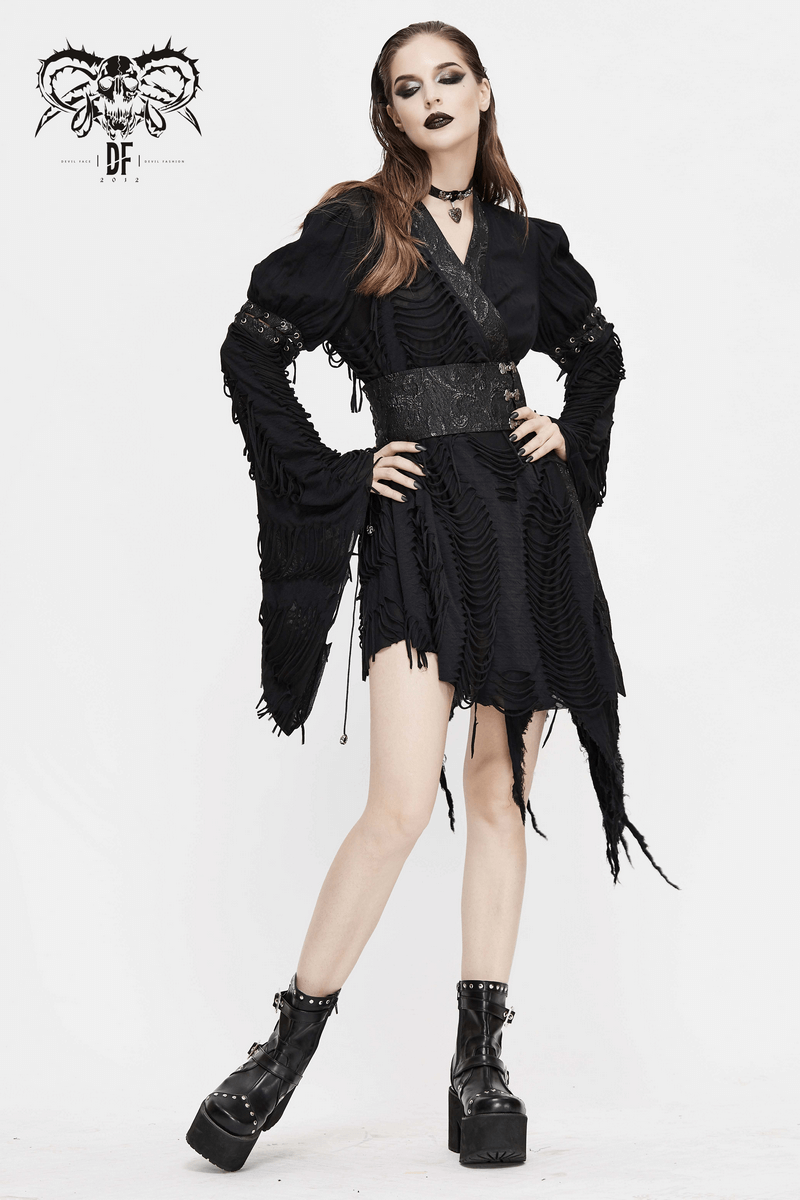 Women's black kimono short dress with unique ripped design and wide lacing sleeves, perfect for gothic style fashion.