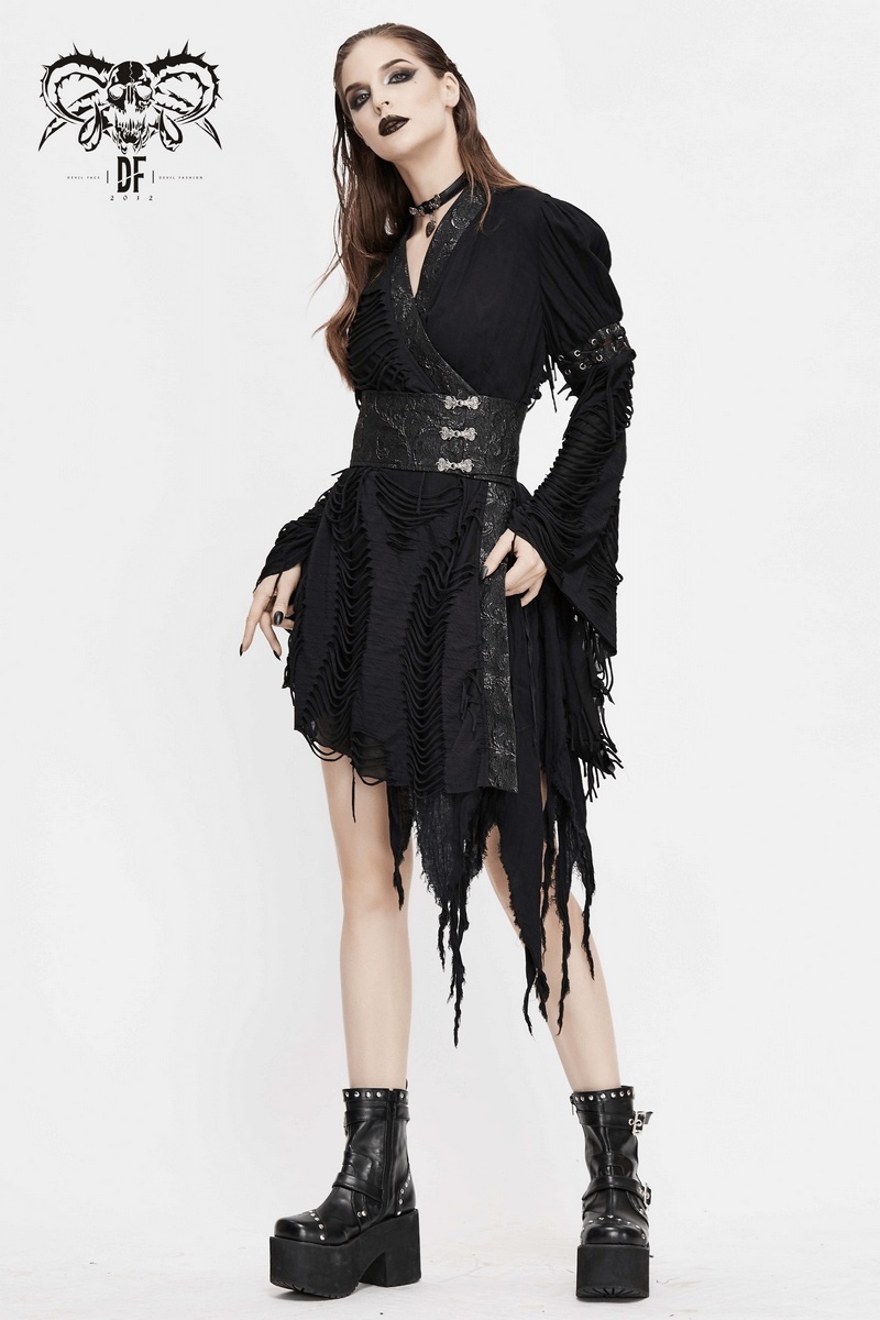Women's black kimono short dress with intricate ripped details and long wide sleeves, perfect for gothic style lovers.