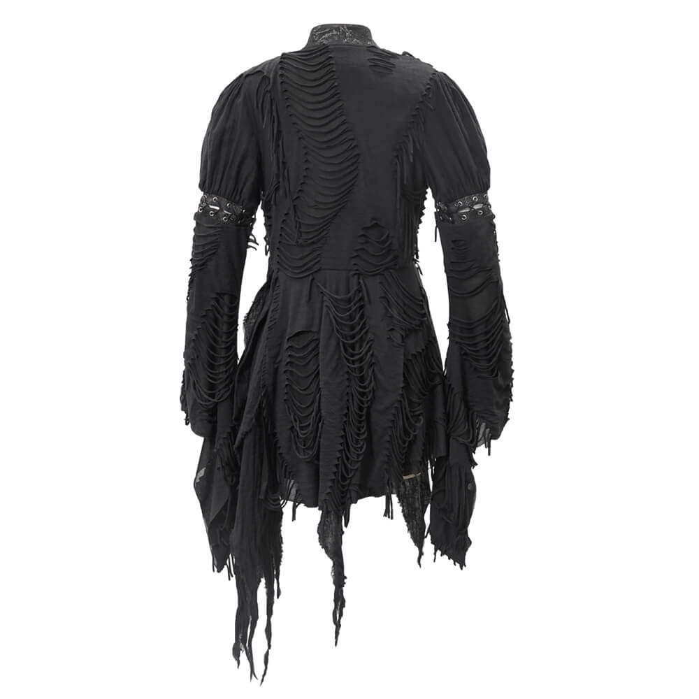 Back view of women's black kimono short dress with unique ripped design and long wide lacing sleeves.