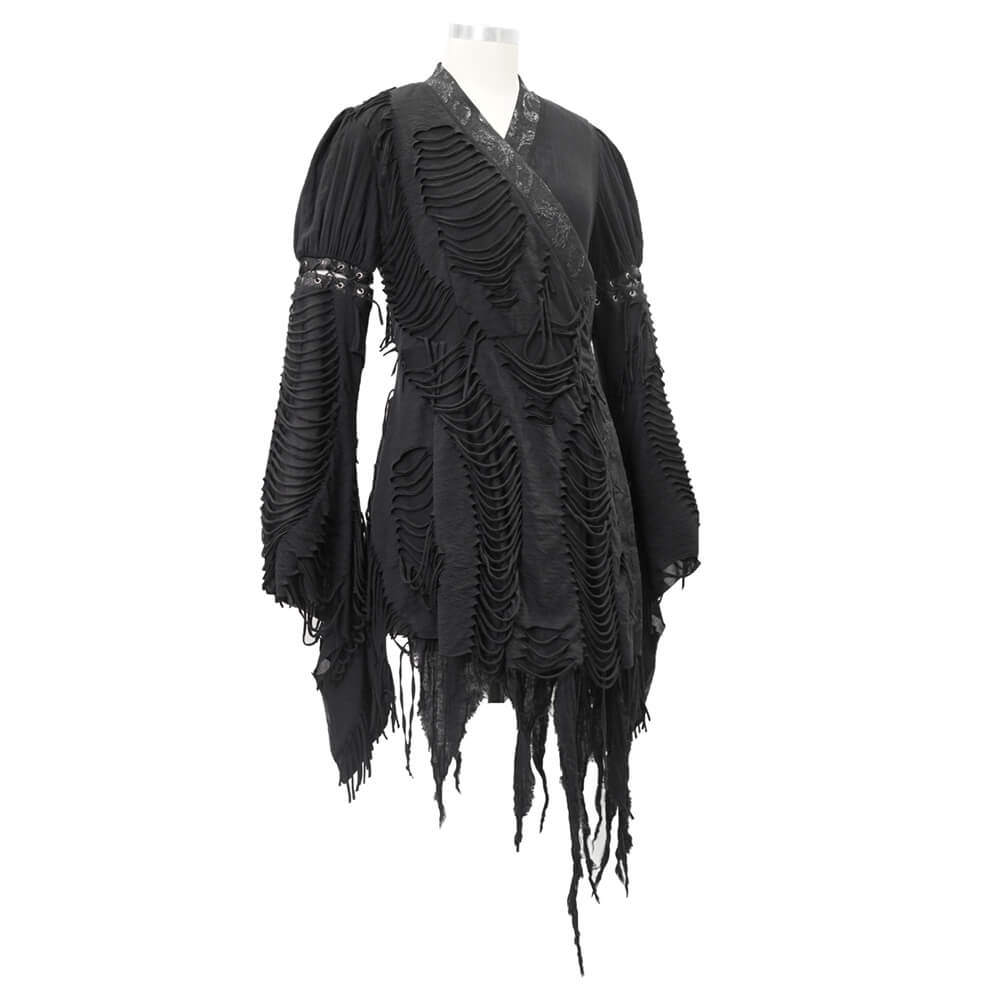 Women's black kimono dress with unique ripped design and wide lacing sleeves, perfect for gothic style fashion.