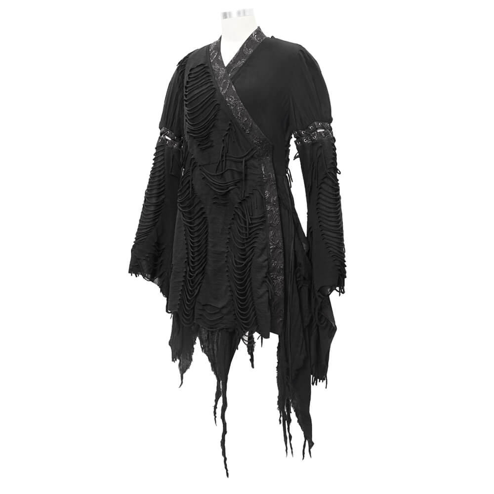 Women's Black Kimono Short Dress with Girdle / Unique Ripped Dress With Long Wide Lacings Sleeves - HARD'N'HEAVY