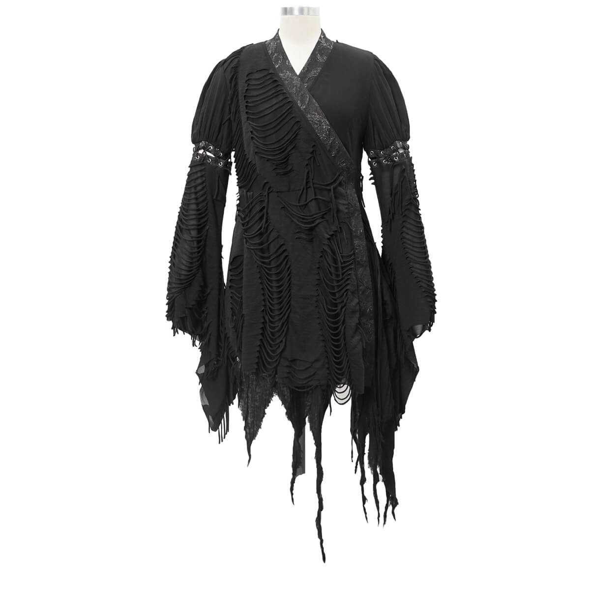 Women's Black Kimono Short Dress with Girdle / Unique Ripped Dress With Long Wide Lacings Sleeves - HARD'N'HEAVY