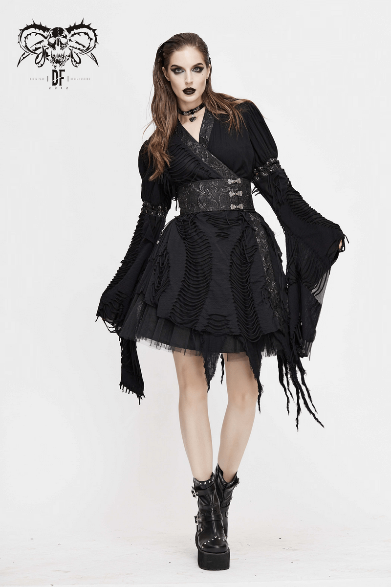 Women's black kimono short dress with unique ripped details and wide lacing sleeves, perfect for gothic fashion lovers.