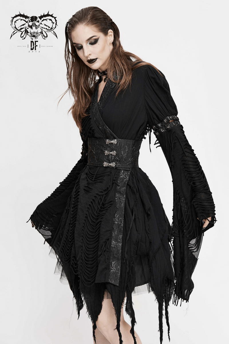 Women's Black Kimono Short Dress with Girdle / Unique Ripped Dress With Long Wide Lacings Sleeves - HARD'N'HEAVY