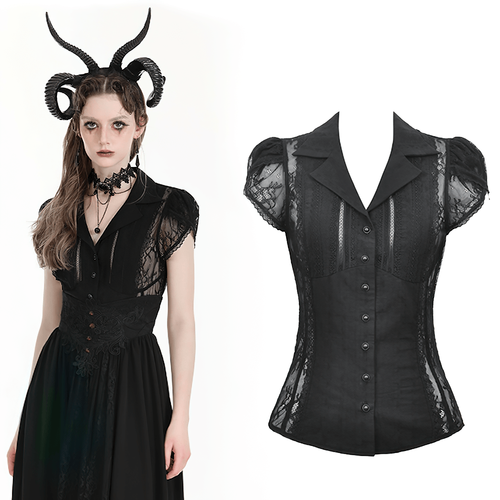Women's black lace blouse with puff short sleeves, featuring a gothic design and button-front closure.