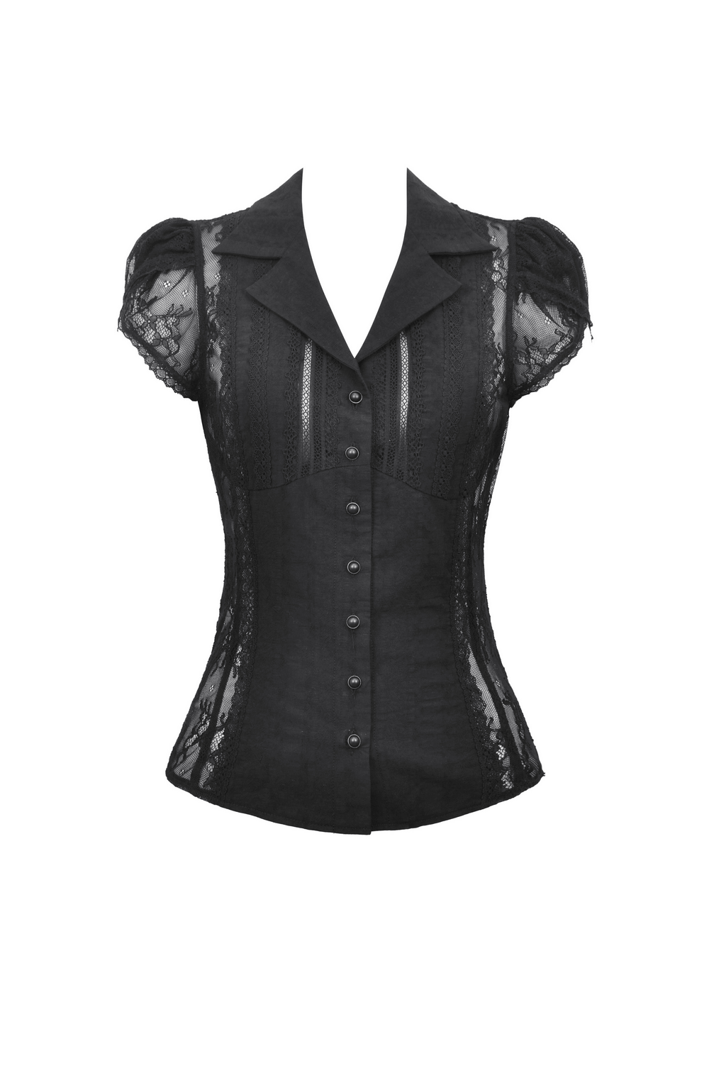 Women's black lace blouse with puff short sleeves, featuring a Victorian design and sheer fabric for gothic elegance.