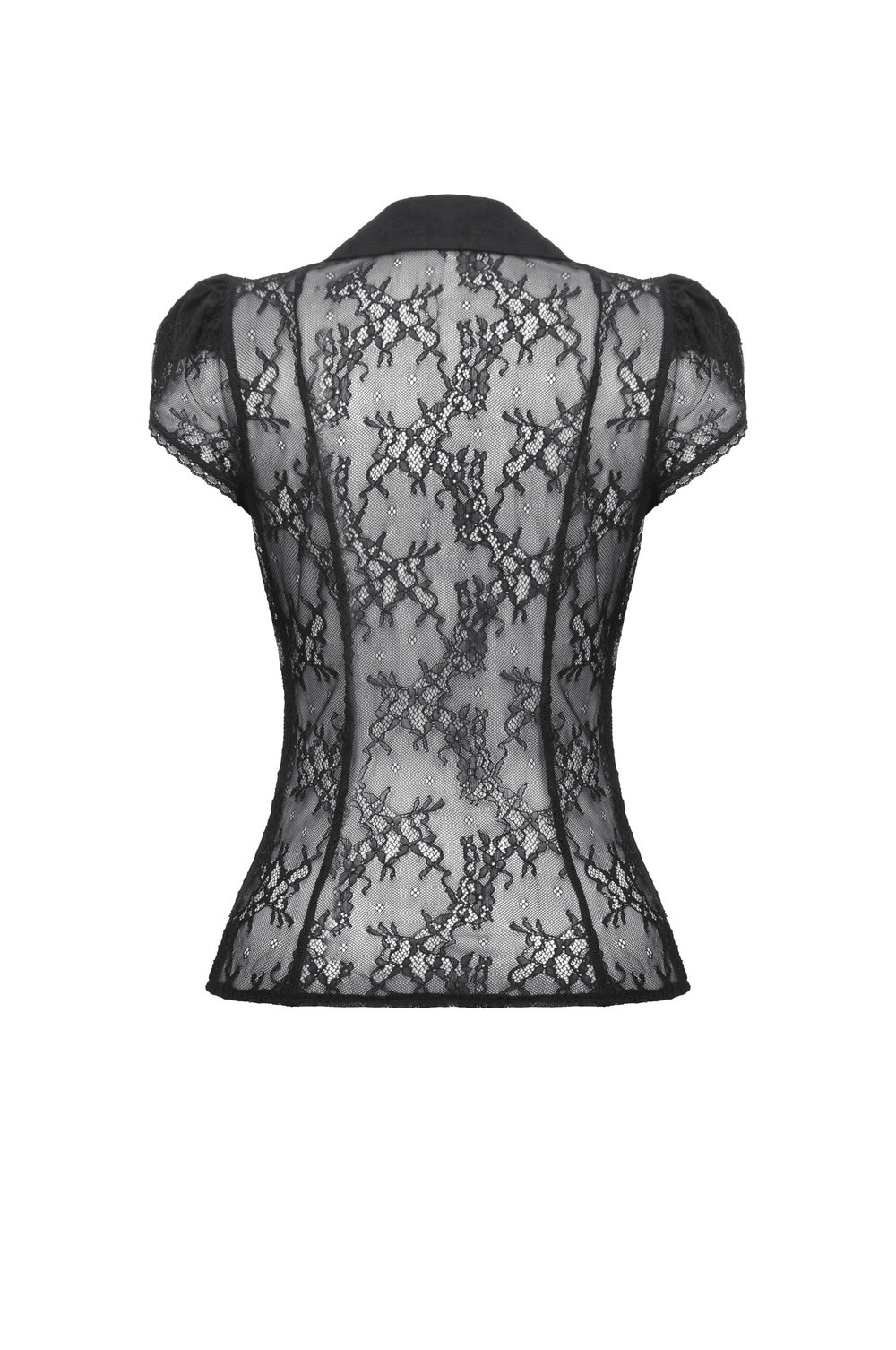 Back view of a gothic black lace blouse with puff short sleeves and intricate lace detailing.