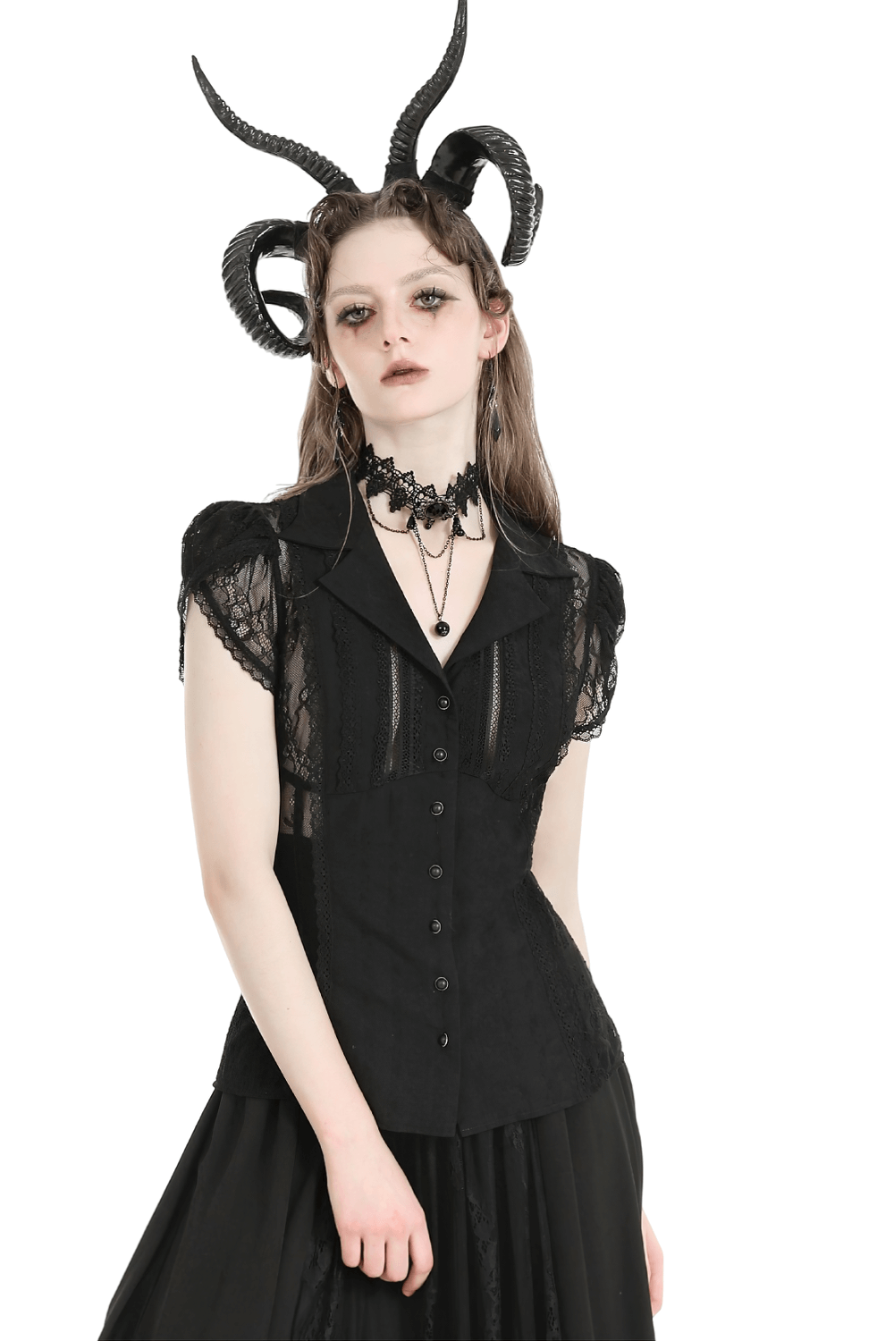 Women's black lace blouse with puff sleeves and button-front, showcasing gothic elegance and intricate lace details.