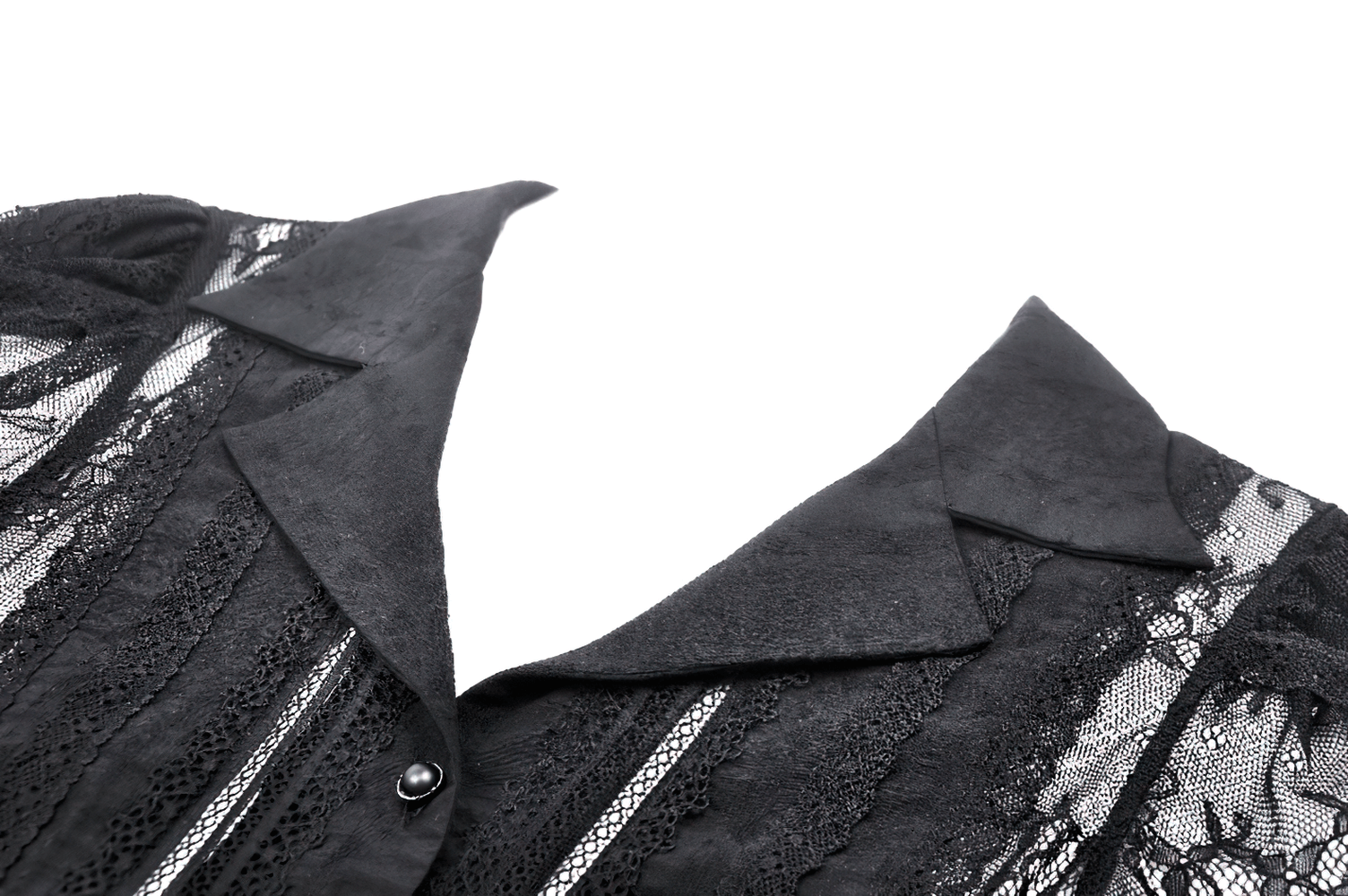 Women's black lace blouse with puff short sleeves and intricate detailing, perfect for gothic elegance.