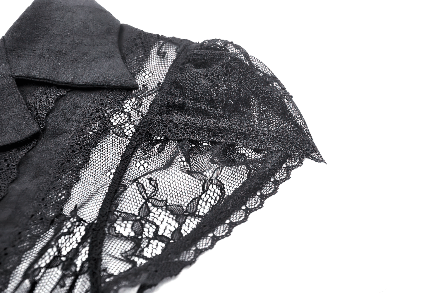 Close-up of women's black lace blouse showcasing intricate lace detailing and puff short sleeves.