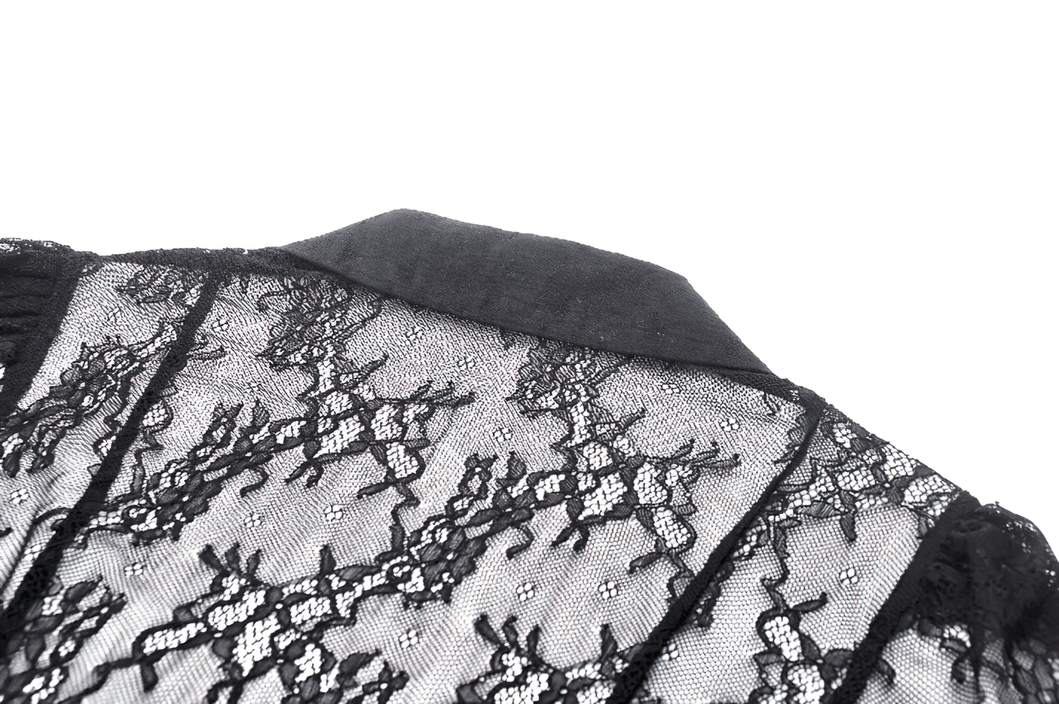 Close-up of intricate black lace blouse collar with sheer fabric design and detailed lace pattern.