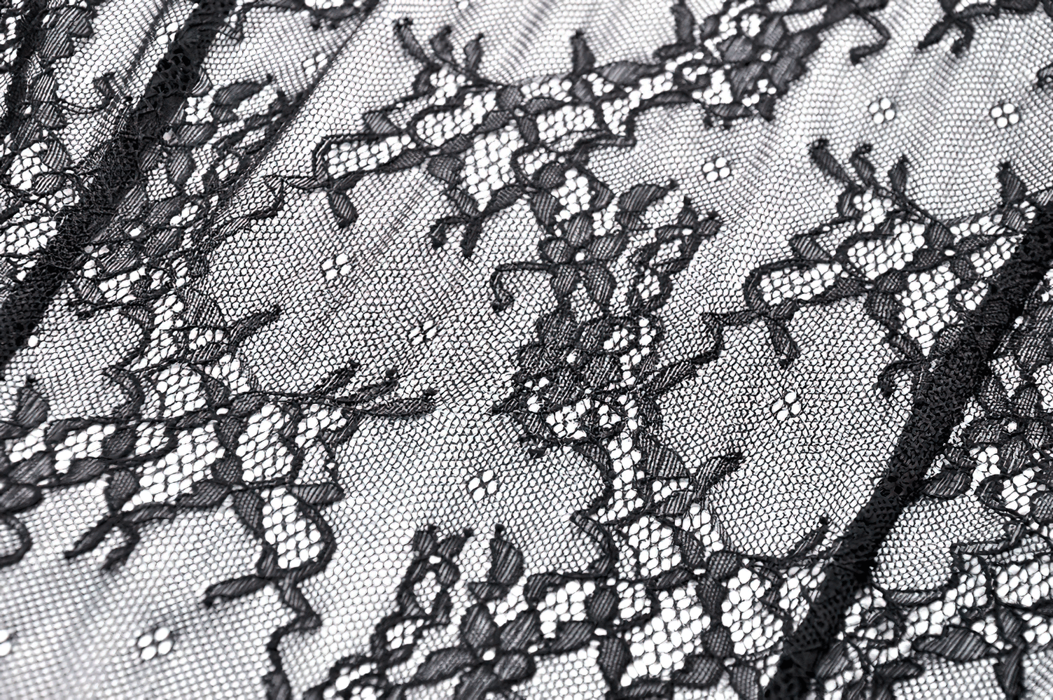 Intricate black lace fabric showcasing delicate designs, perfect for gothic fashion and elegant blouses.