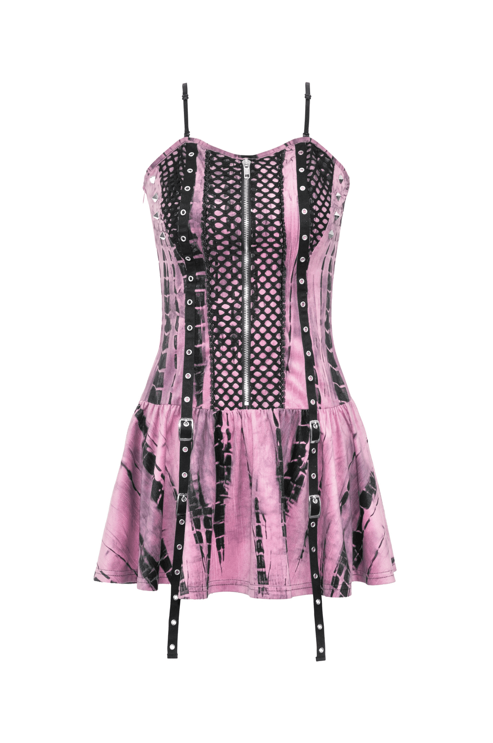 Women's pink tie dye corset dress with black lace details for a punk-inspired look.