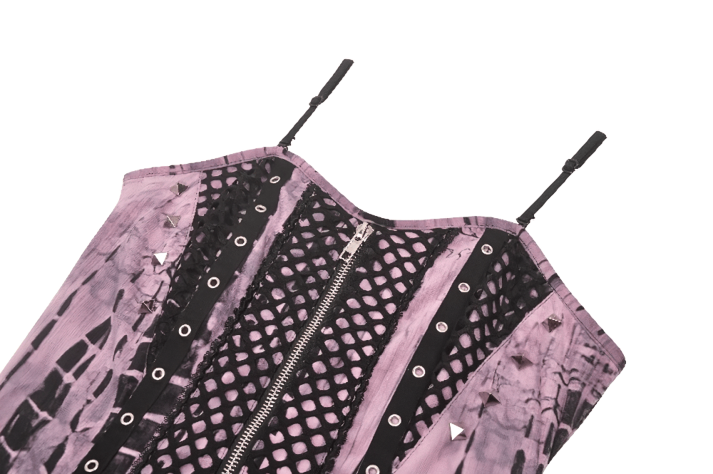Punk-inspired women's black lace corset dress with pink tie dye and edgy zipper detail.