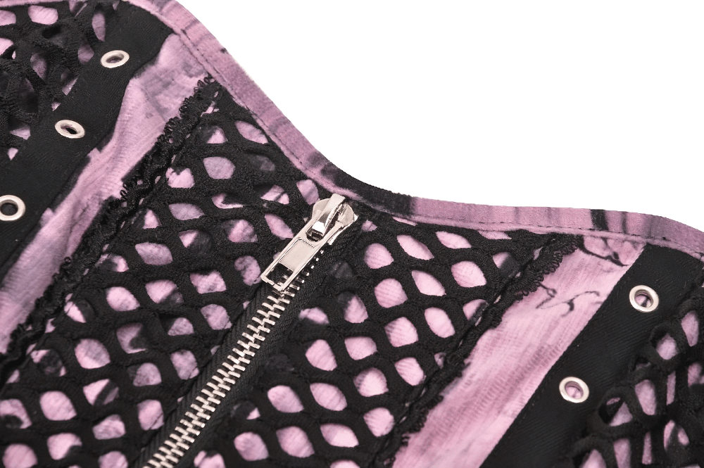 Close-up of black lace corset bodice with pink tie dye, featuring eye-catching design and zipper detail.