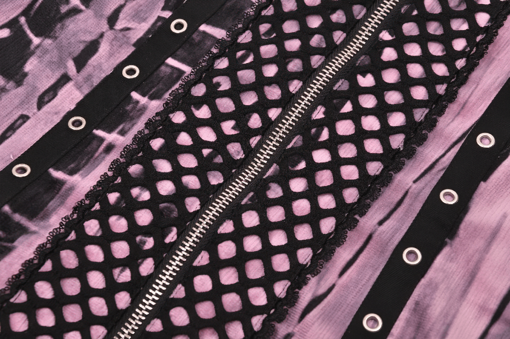 Close-up of punk-inspired black lace and pink tie-dye design on a corset dress, showcasing eye-catching details.