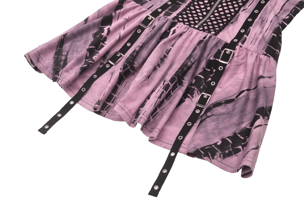 Women's punk-inspired pink tie-dye corset dress featuring black lace details and edgy straps.