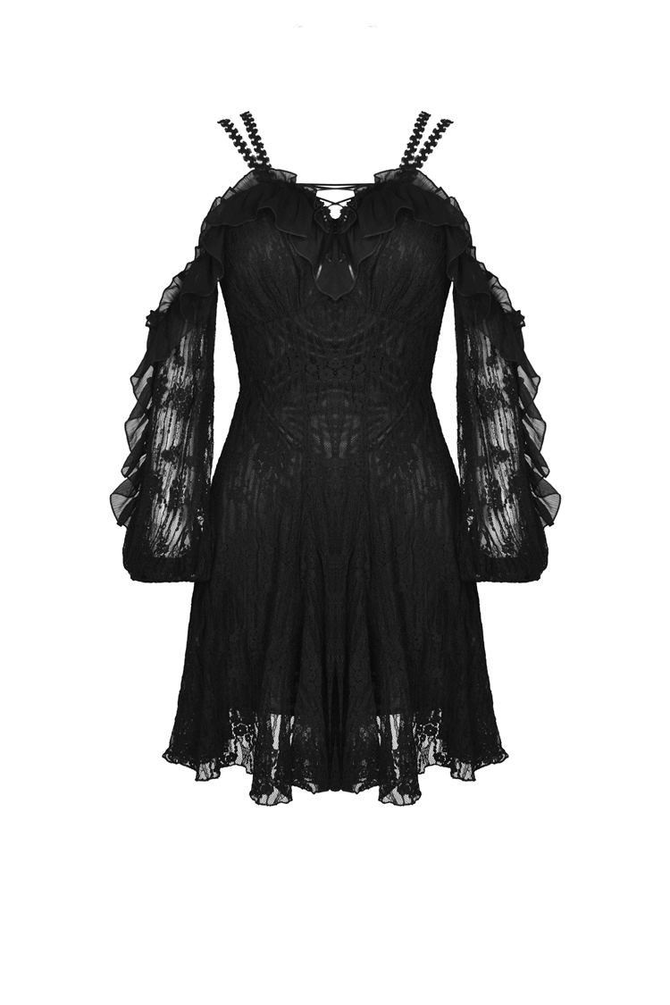 Women's black lace off-shoulder dress with ruffled sleeves and A-line skirt, perfect for gothic glam vibes.