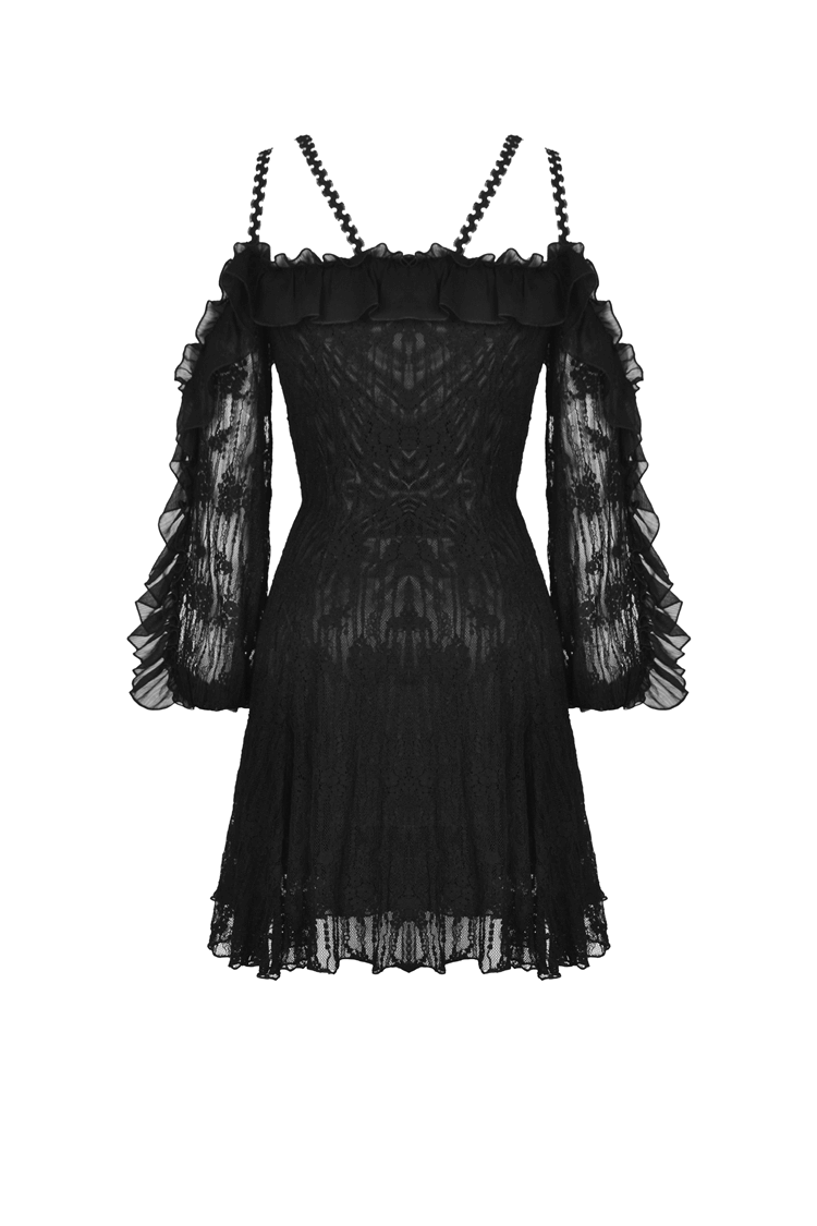 Women's black lace off-shoulder dress with ruffled sleeves and a fitted silhouette, perfect for gothic glam.