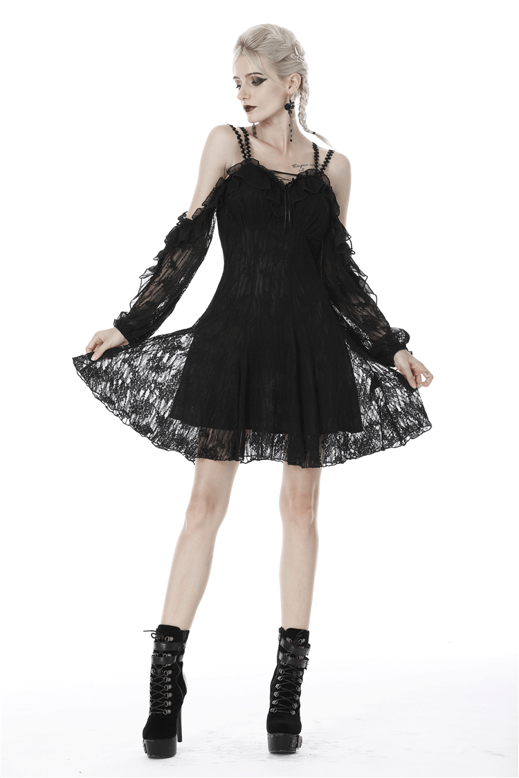 Gothic black lace off-shoulder dress with ruffled sleeves and a flared skirt, perfect for witchy vibes.