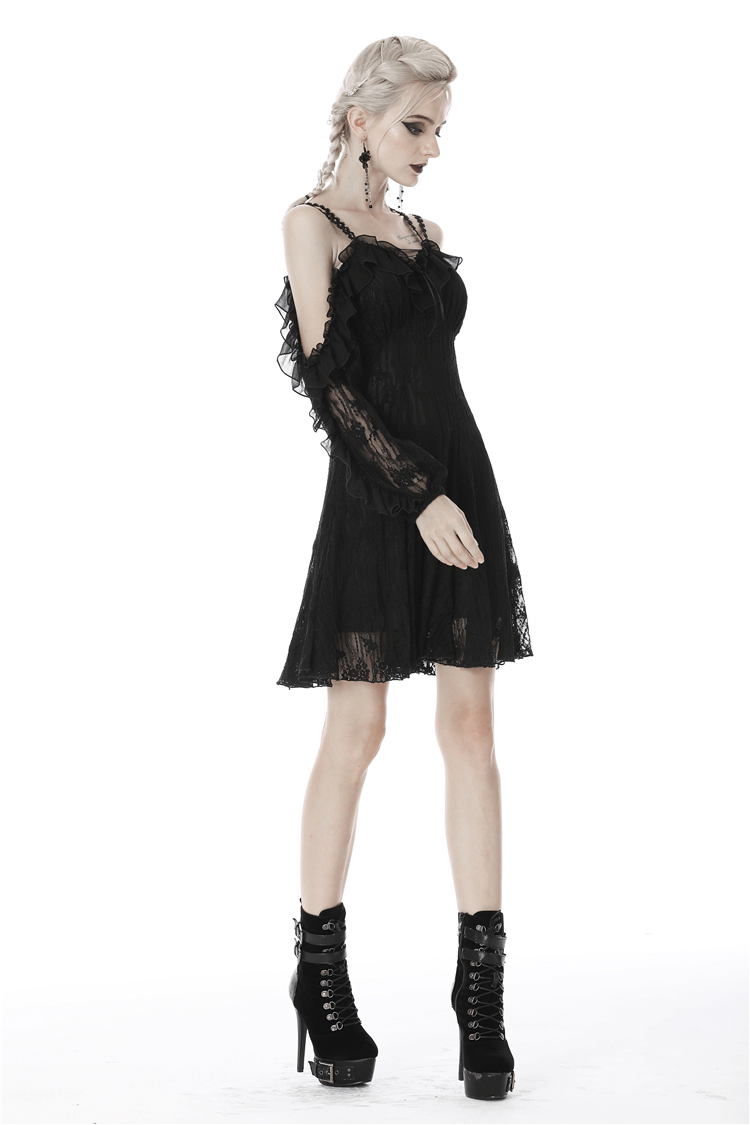 Women's black lace off-shoulder dress with floral details, perfect for gothic glam looks.