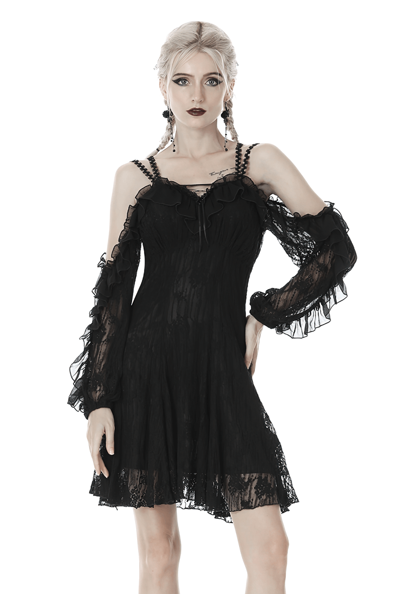 Gothic black lace off-shoulder dress with ruffled sleeves, perfect for embracing dark elegance and witchy charm.
