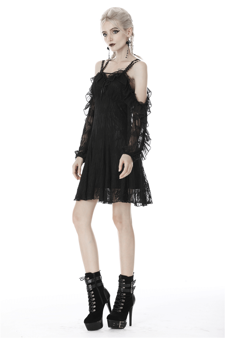 Women's black lace off-shoulder dress, showcasing a fitted silhouette and flowing A-line skirt, perfect for gothic glam.