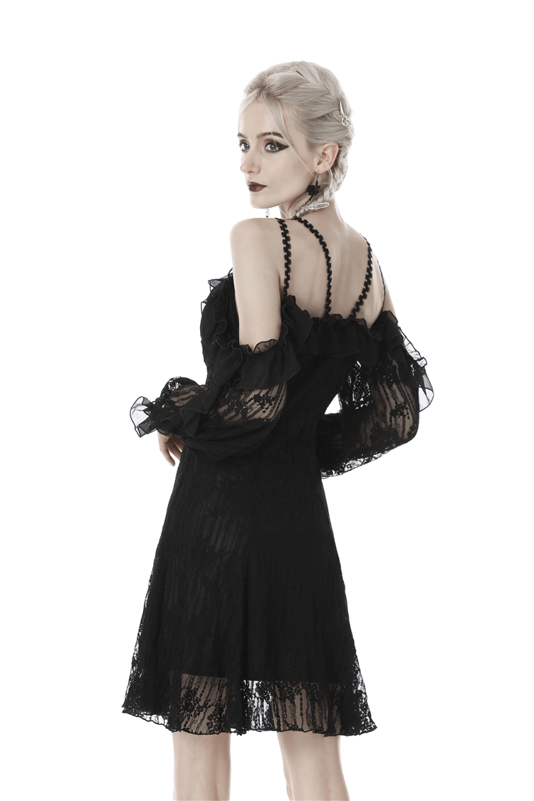 Gothic black lace off-shoulder dress with sheer sleeves and lace-up detail, perfect for dark witchy vibes.