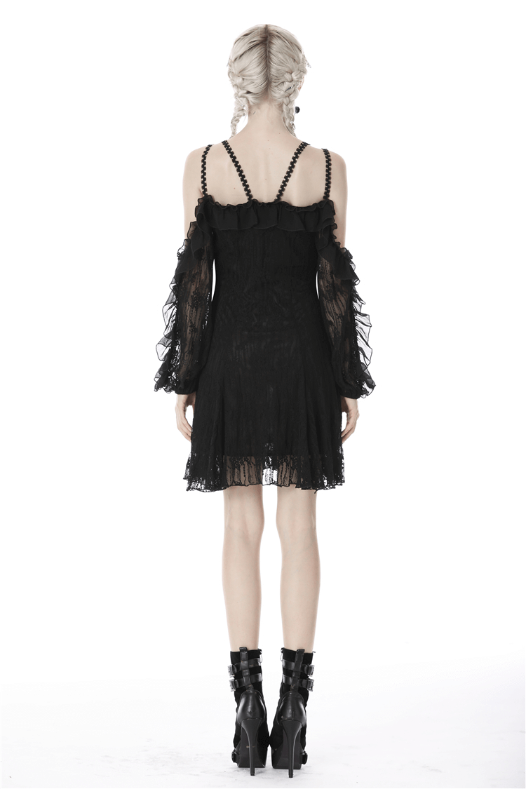 Back view of a women's black lace off-shoulder dress with sheer sleeves and lace-up details, perfect for gothic glam.