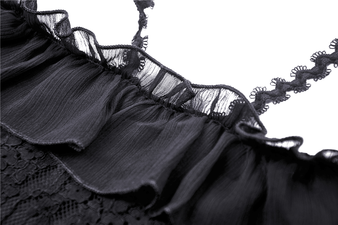 Close-up of black lace dress featuring ruffled neckline and delicate straps, highlighting gothic elegance.