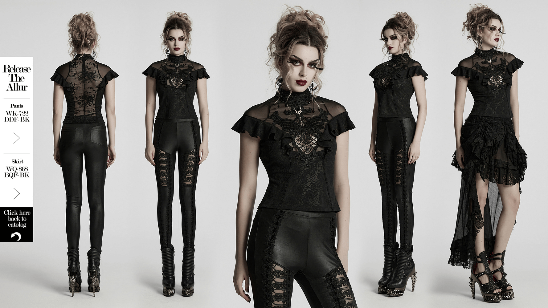 Women's black lace ruffle top with embroidered applique, sheer back detail, and gothic flair.