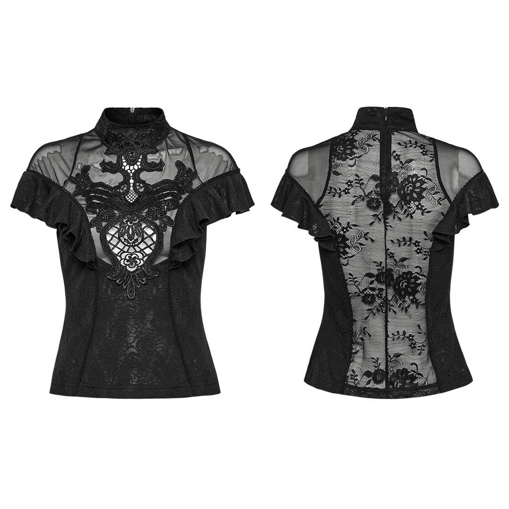 Women's black lace ruffle top with gothic applique and sheer back detail, perfect for dark romantic looks.