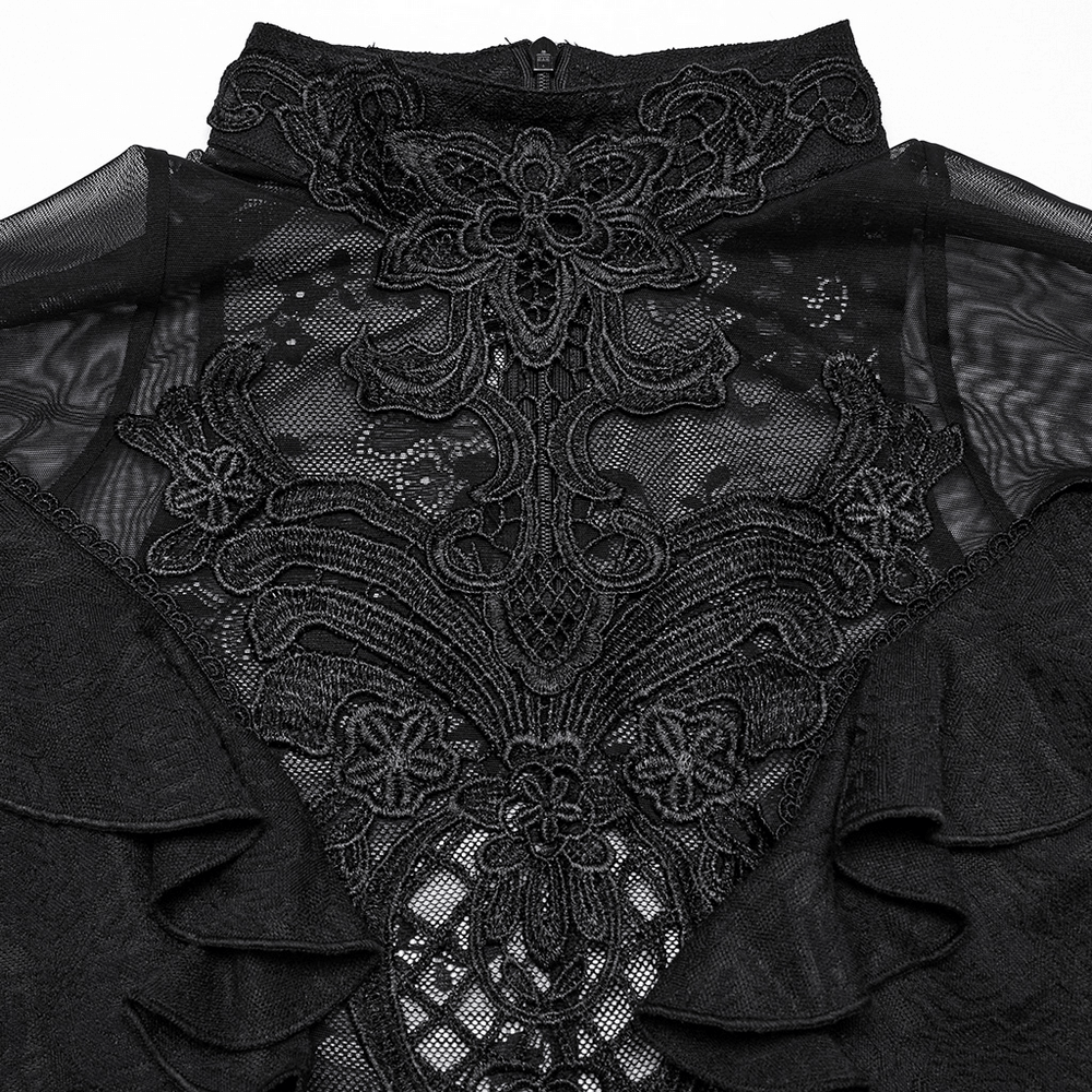 Intricate black lace top with embroidered applique, ruffled sleeves, and sheer lace back detail.