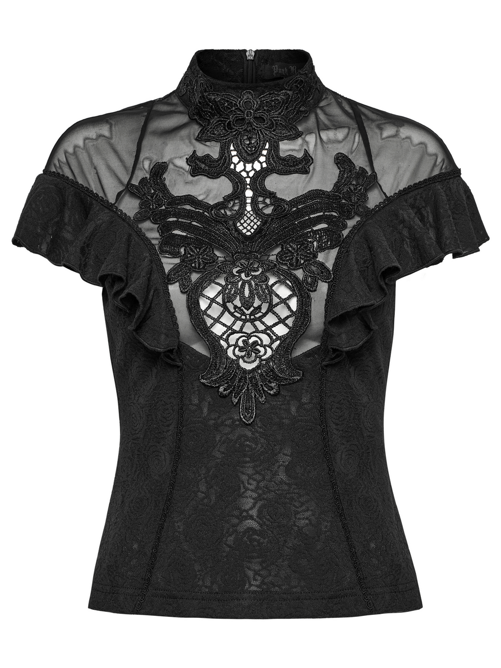 Gothic women's black lace ruffle top with embroidered applique and sheer back detail, perfect for dark romantic looks.